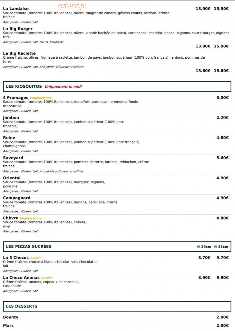 Le Kiosque à Pizzas — carte page 4