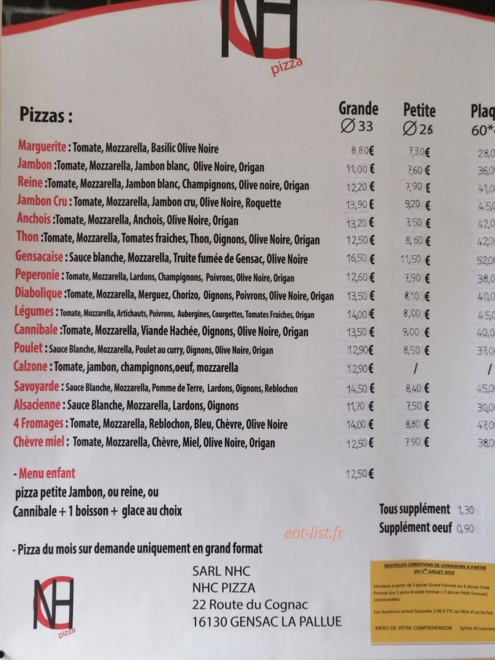 NHC Pizza — carte page 1
