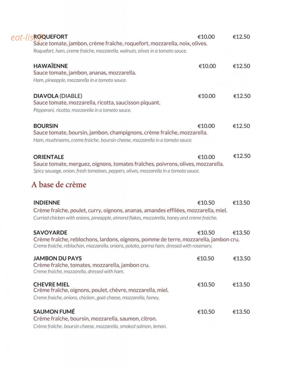 Caramelo's Pizza — carte page 2