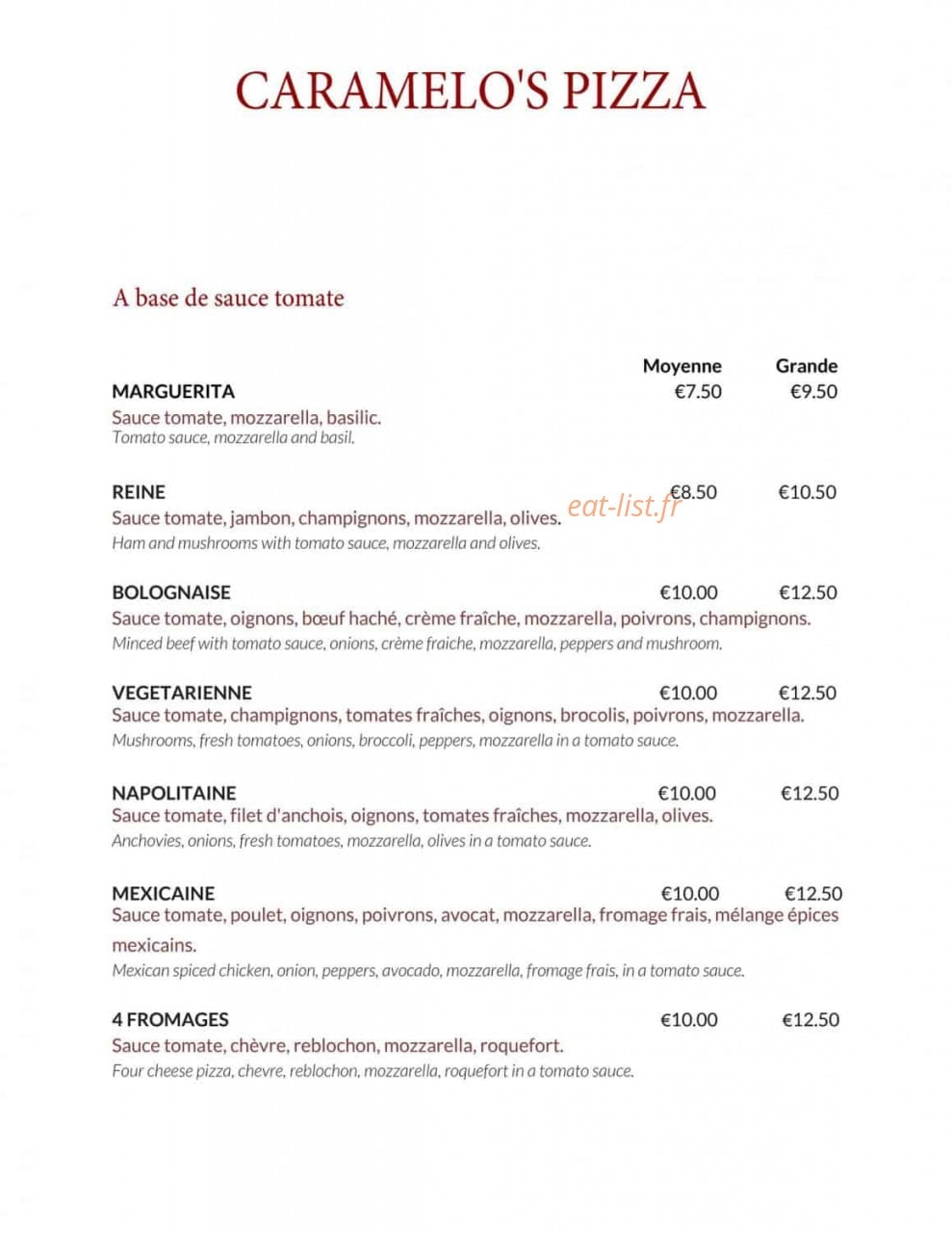 Caramelo's Pizza — carte page 1