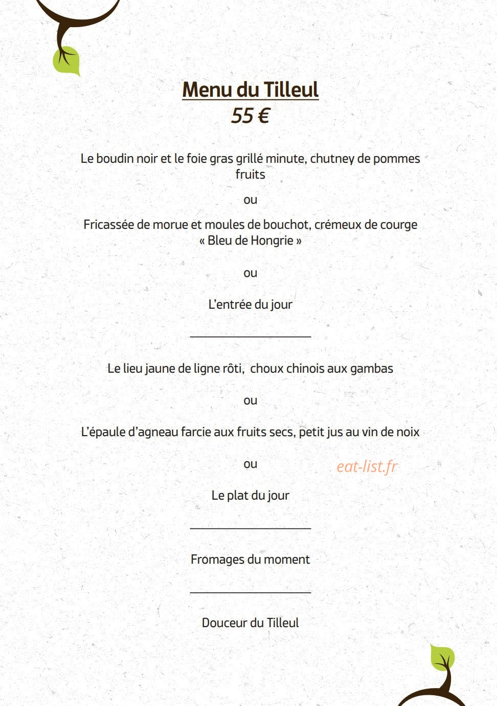 Carte et menu de Le Tilleul du Gourmet à Chasseneuil sur Bonnieure — Le menu du tilleul