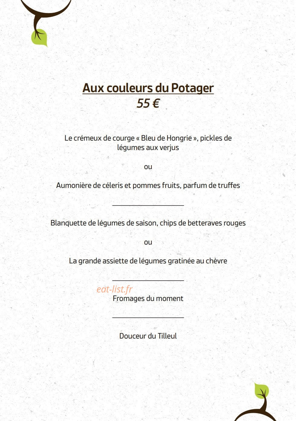 Carte et menu de Le Tilleul du Gourmet à Chasseneuil sur Bonnieure — Aux couleur de potager