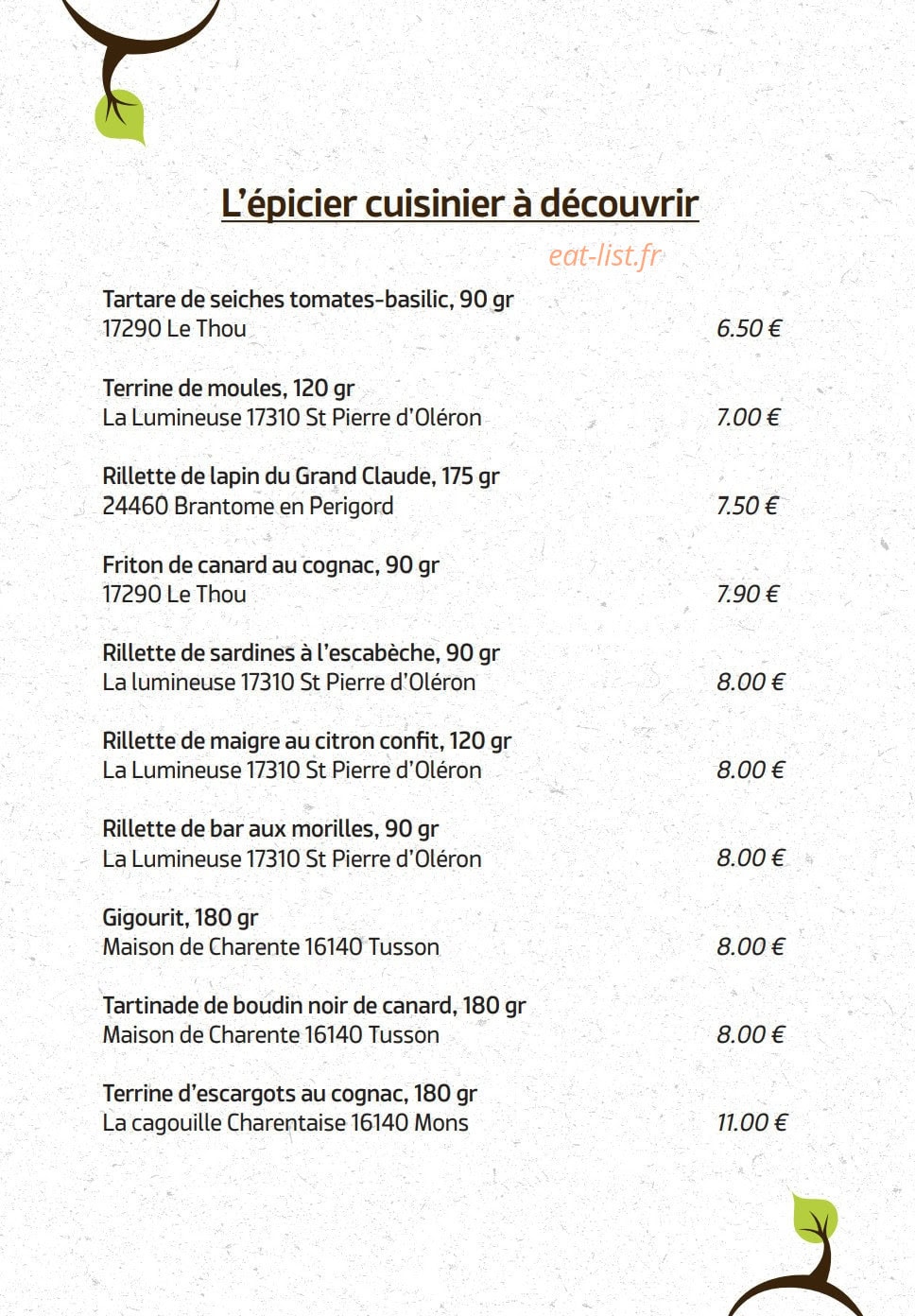 Carte et menu de Le Tilleul du Gourmet à Chasseneuil sur Bonnieure — Les épiciers
