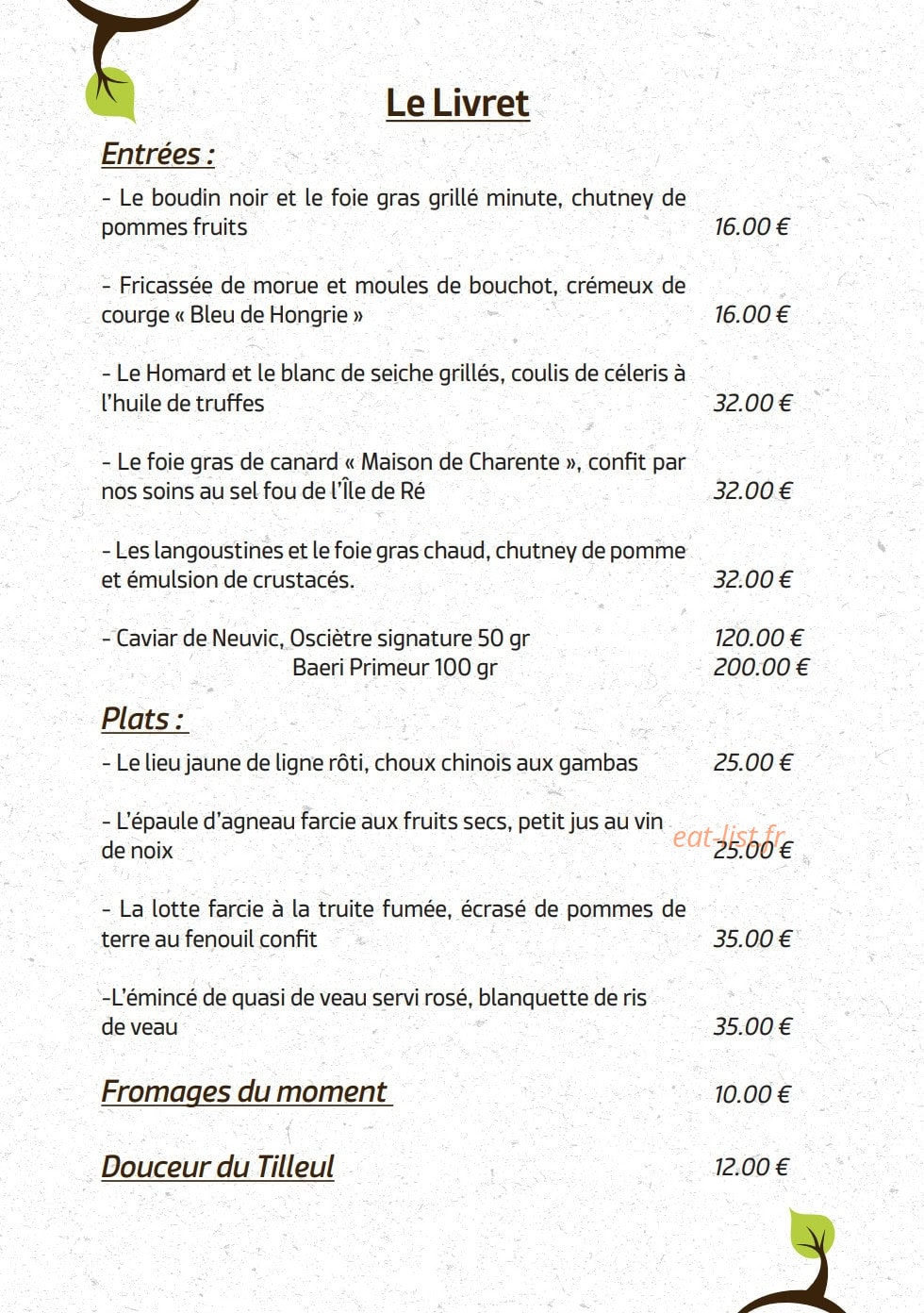 Carte et menu de Le Tilleul du Gourmet à Chasseneuil sur Bonnieure — Le livret
