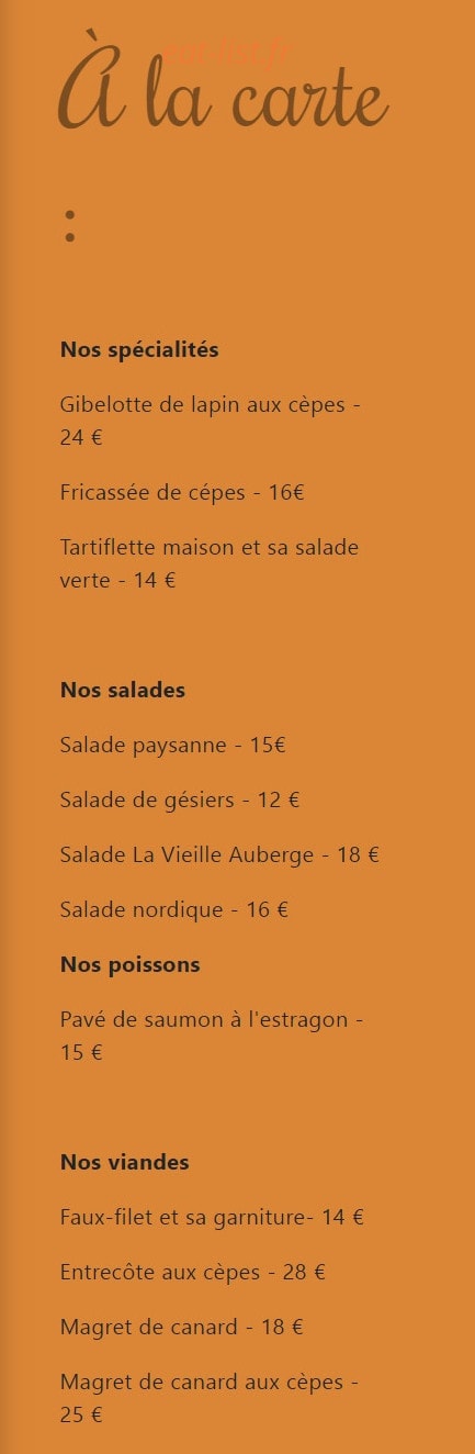 Carte et menu de La Vieille Auberge à Barbezieux Saint Hilaire — A la carte