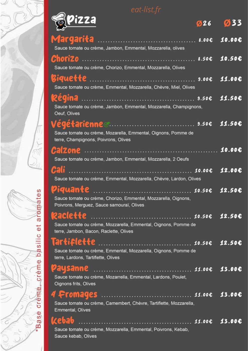 Cali's pizza — carte page 1