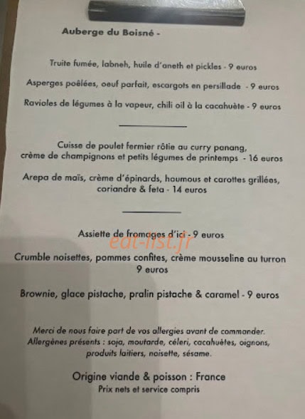 Auberge du Boisné — carte page 1