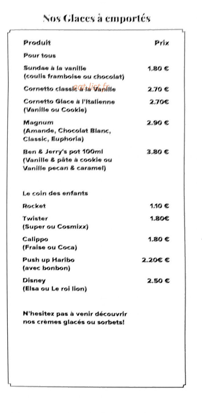 Carte et menu de Le Brévillois à Breville — Les glaces