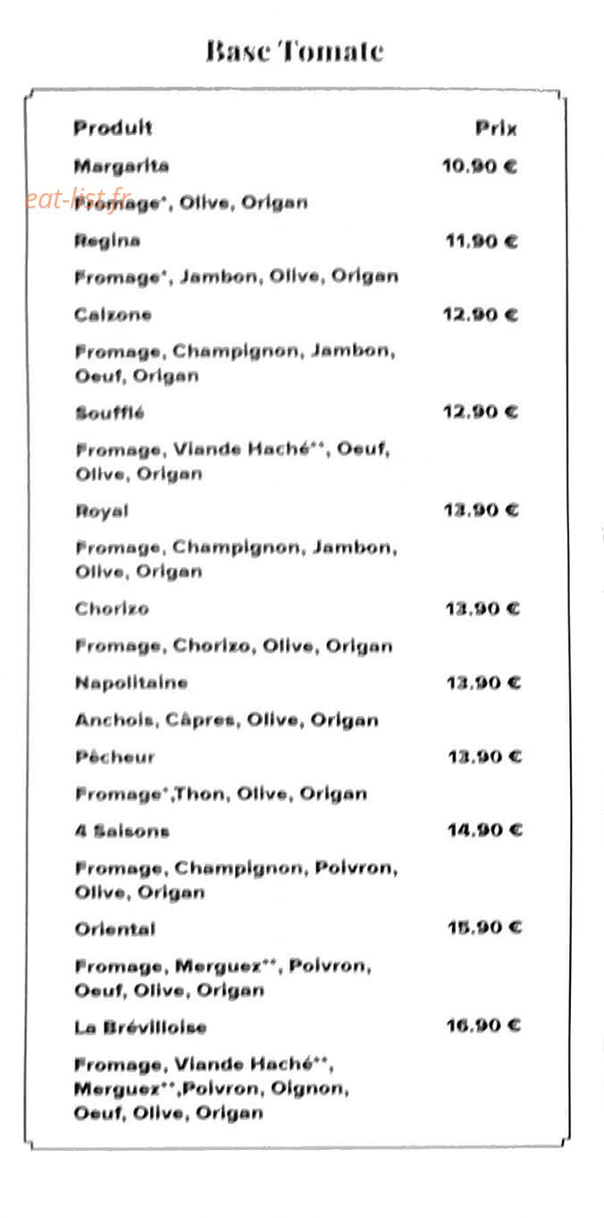Carte et menu de Le Brévillois à Breville — Les pizzas tomates