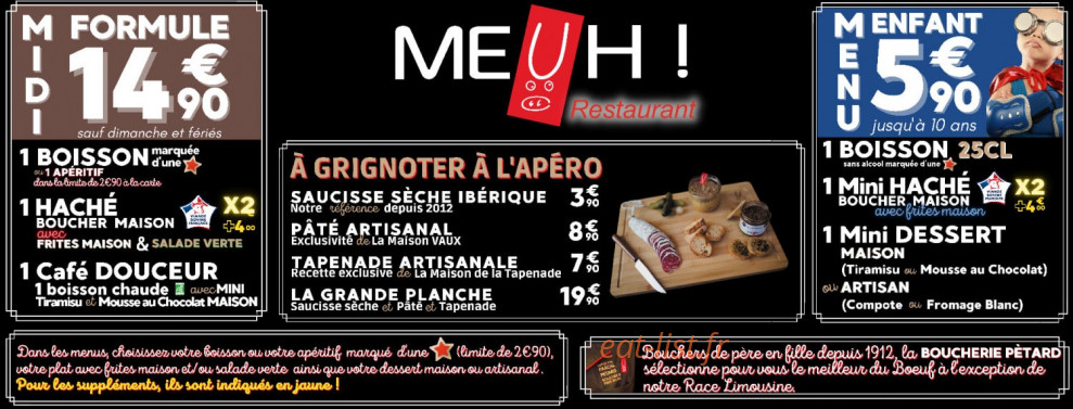 Meuh ! Restaurant — carte page 1