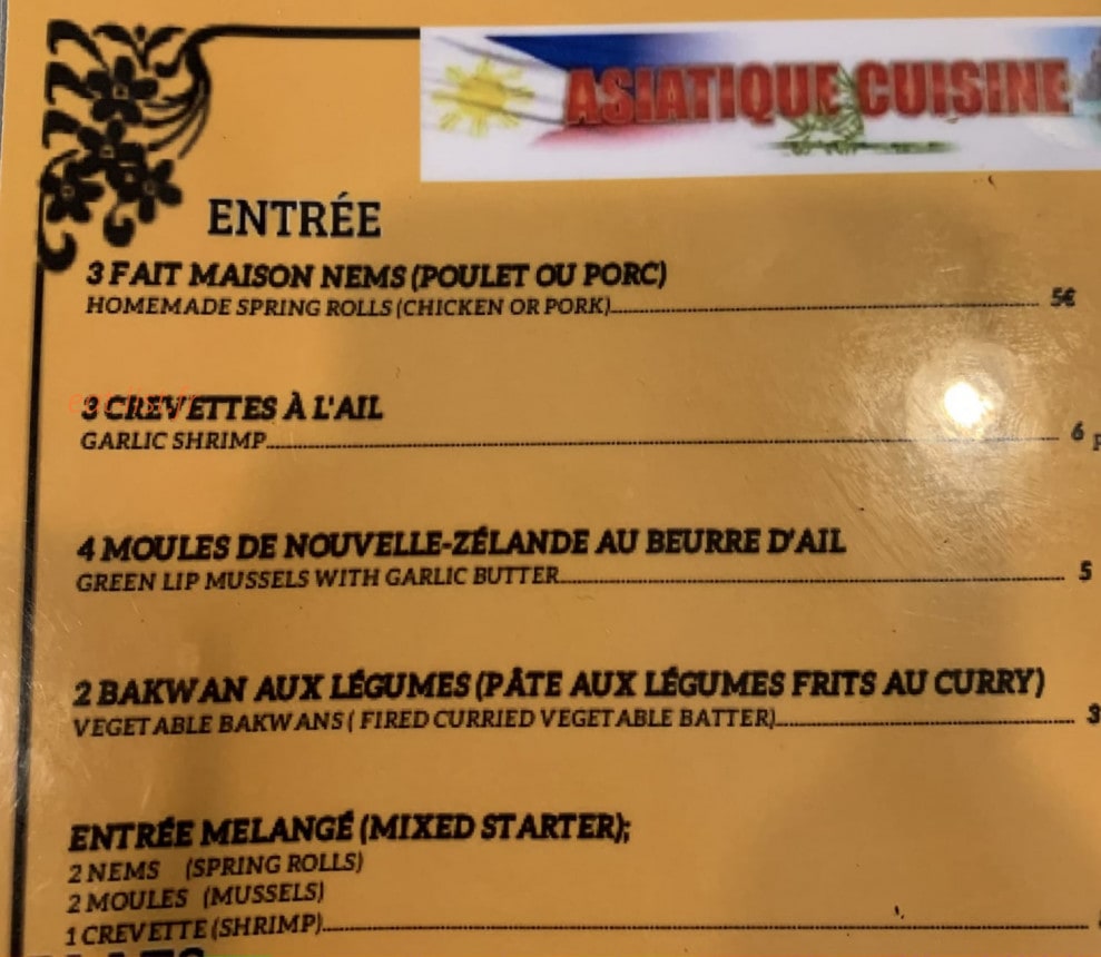 Asiatique Cuisine — carte page 1