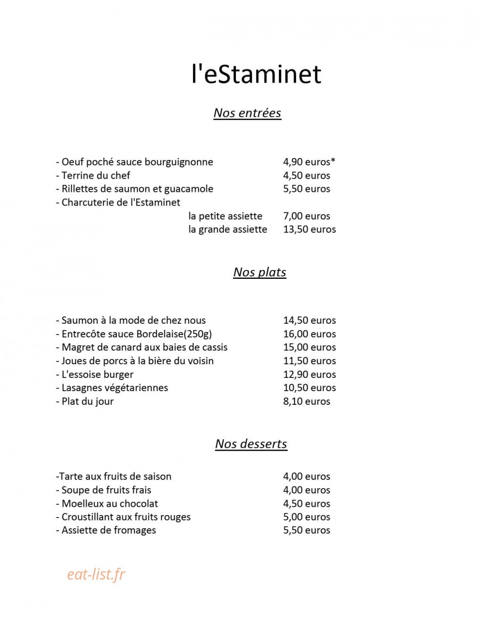 L' Estaminet — carte page 1