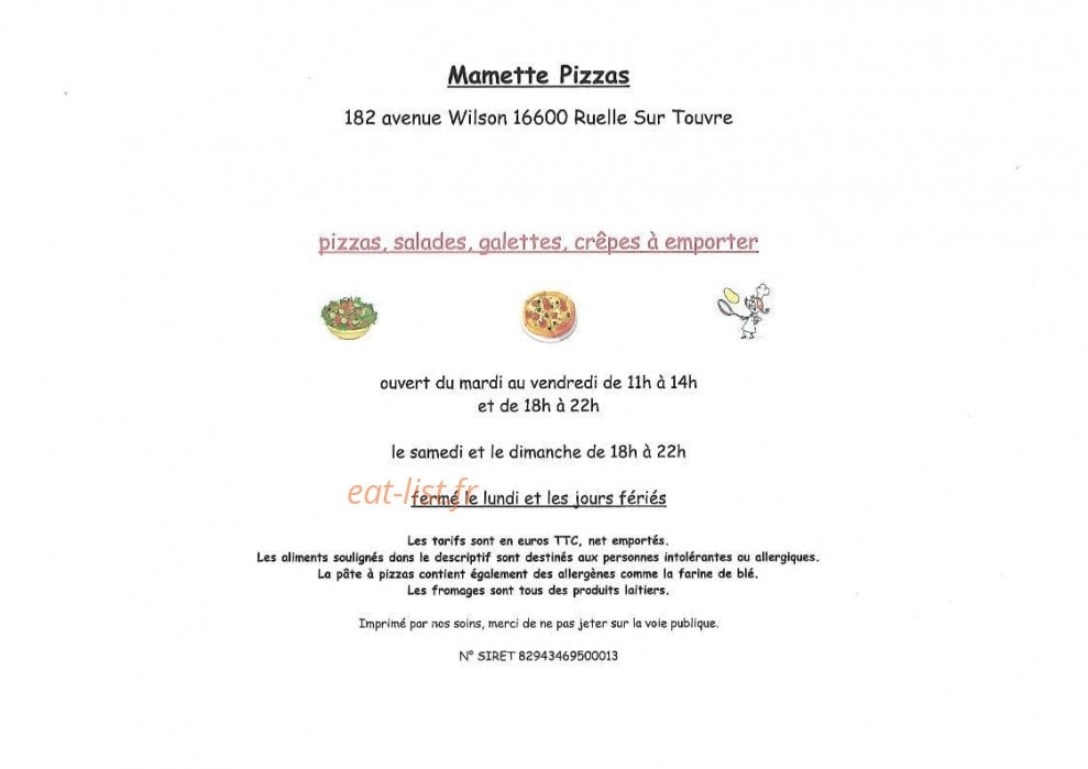 Mamette pizzas — carte page 1