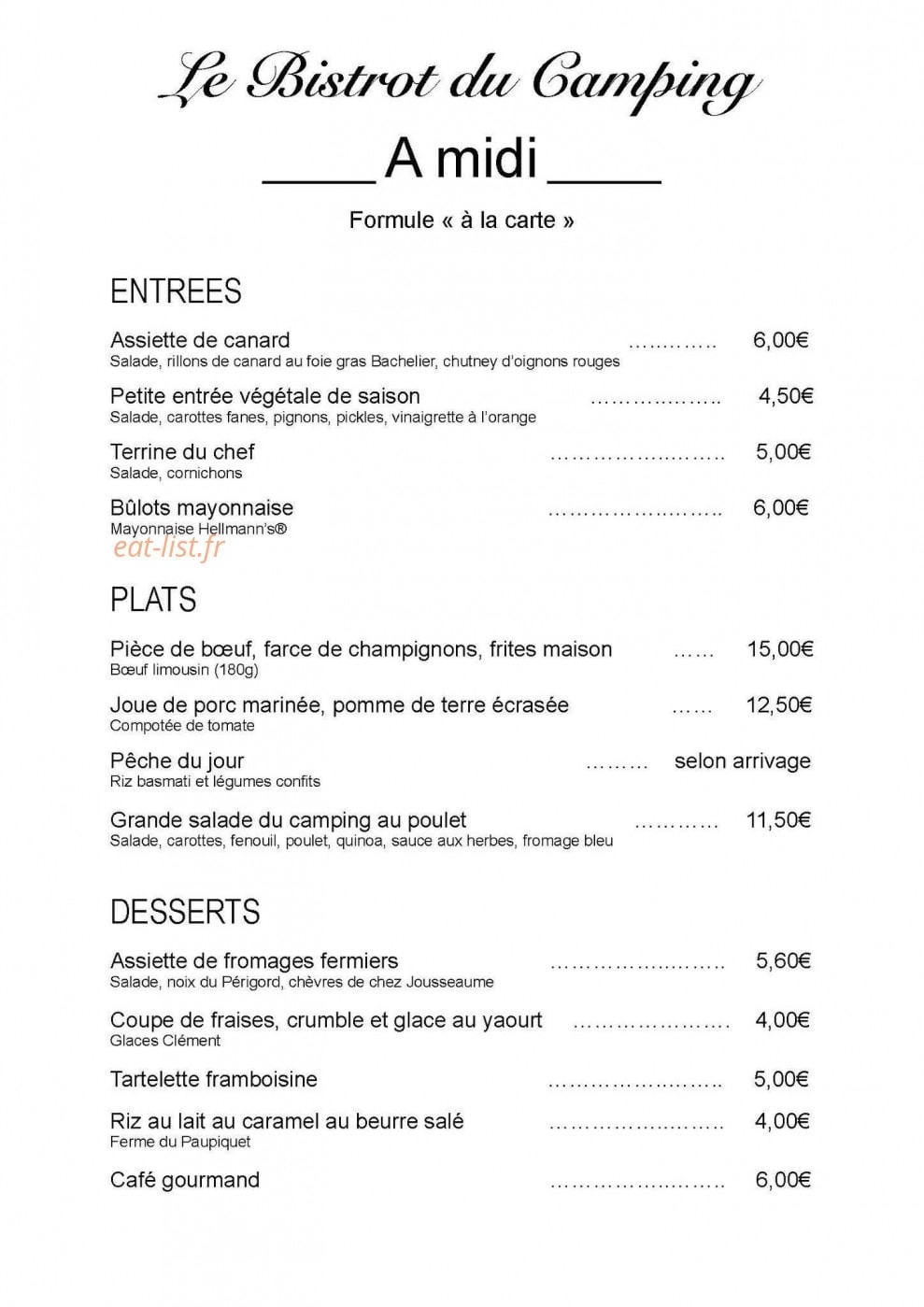 Le Bistrot du Camping — carte page 2