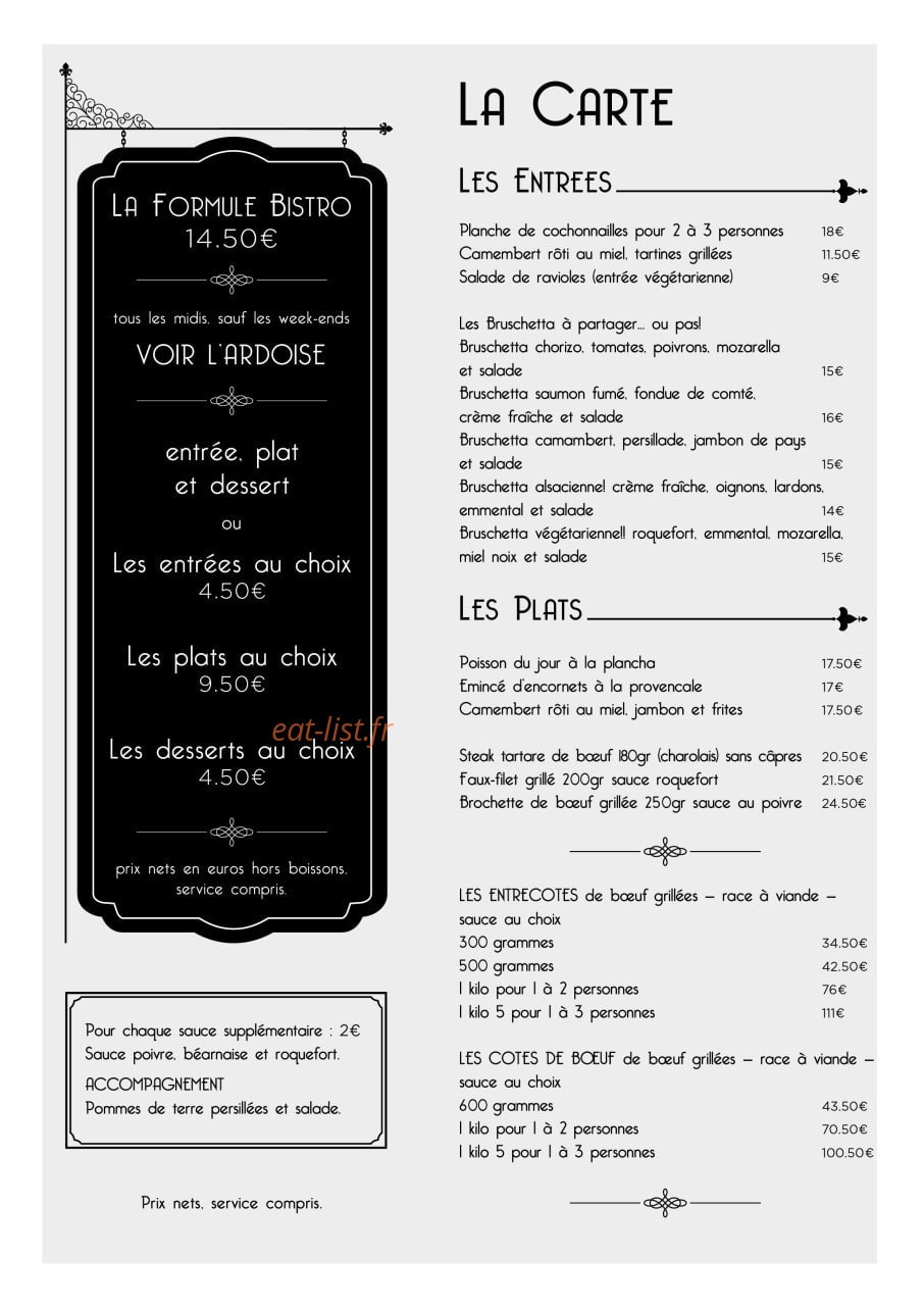Au Steak House — carte page 1