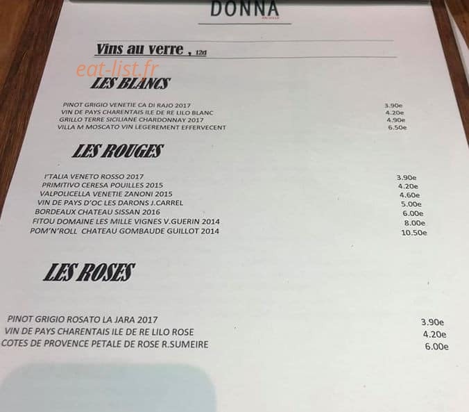 Carte et menu de Bella Donna en Ville à La Rochelle — Les vins au verre