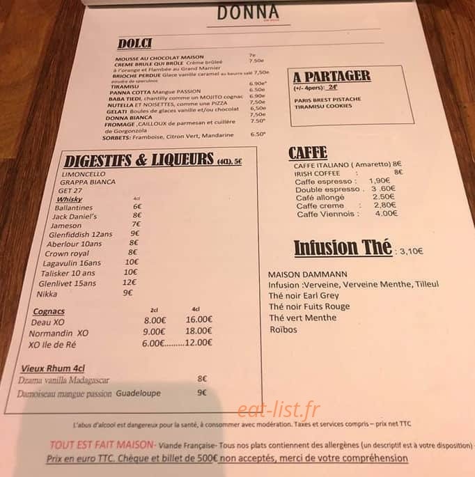 Carte et menu de Bella Donna en Ville à La Rochelle — Dolci, digestifs et café,...