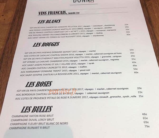 Carte et menu de Bella Donna en Ville à La Rochelle — les vins fracais