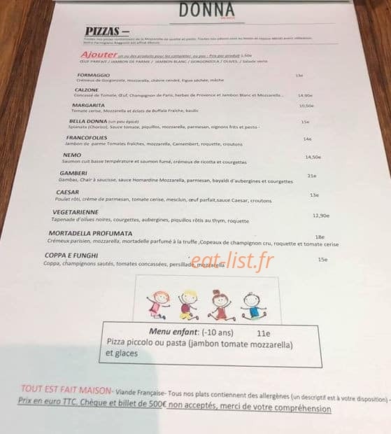 Carte et menu de Bella Donna en Ville à La Rochelle — les pizzas et menu enfant