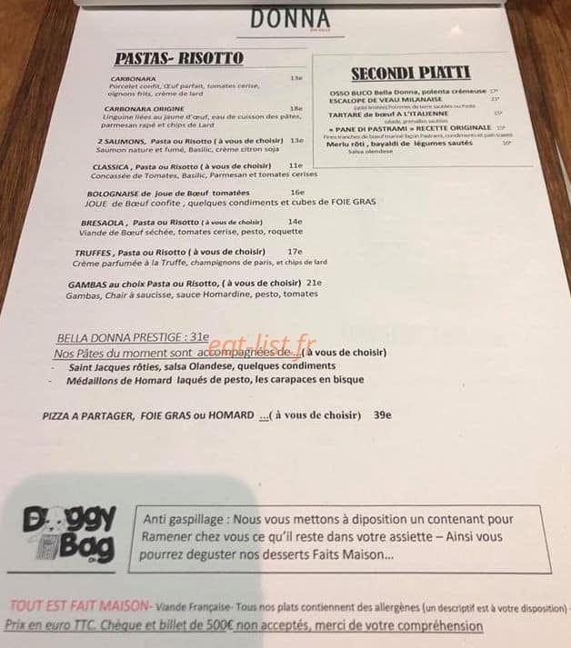 Carte et menu de Bella Donna en Ville à La Rochelle — Pasta et secondi piatti