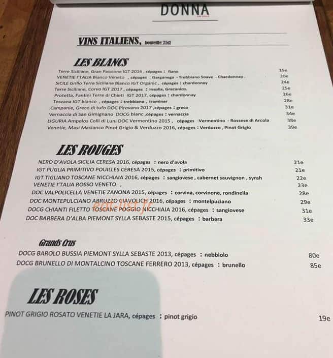 Carte et menu de Bella Donna en Ville à La Rochelle — Les vins italiens