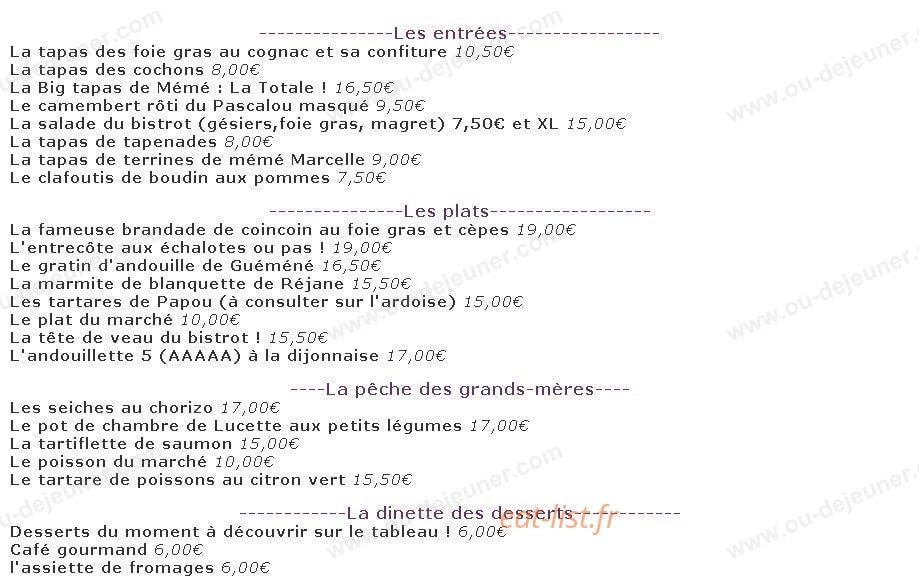 Bistrot de Mémé — carte page 1