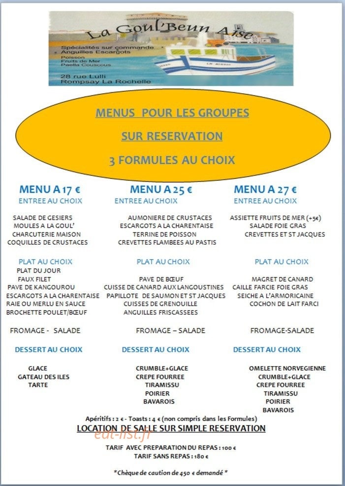 Carte et menu de La Goul'Beun'aise à La Rochelle — Les menus groupes