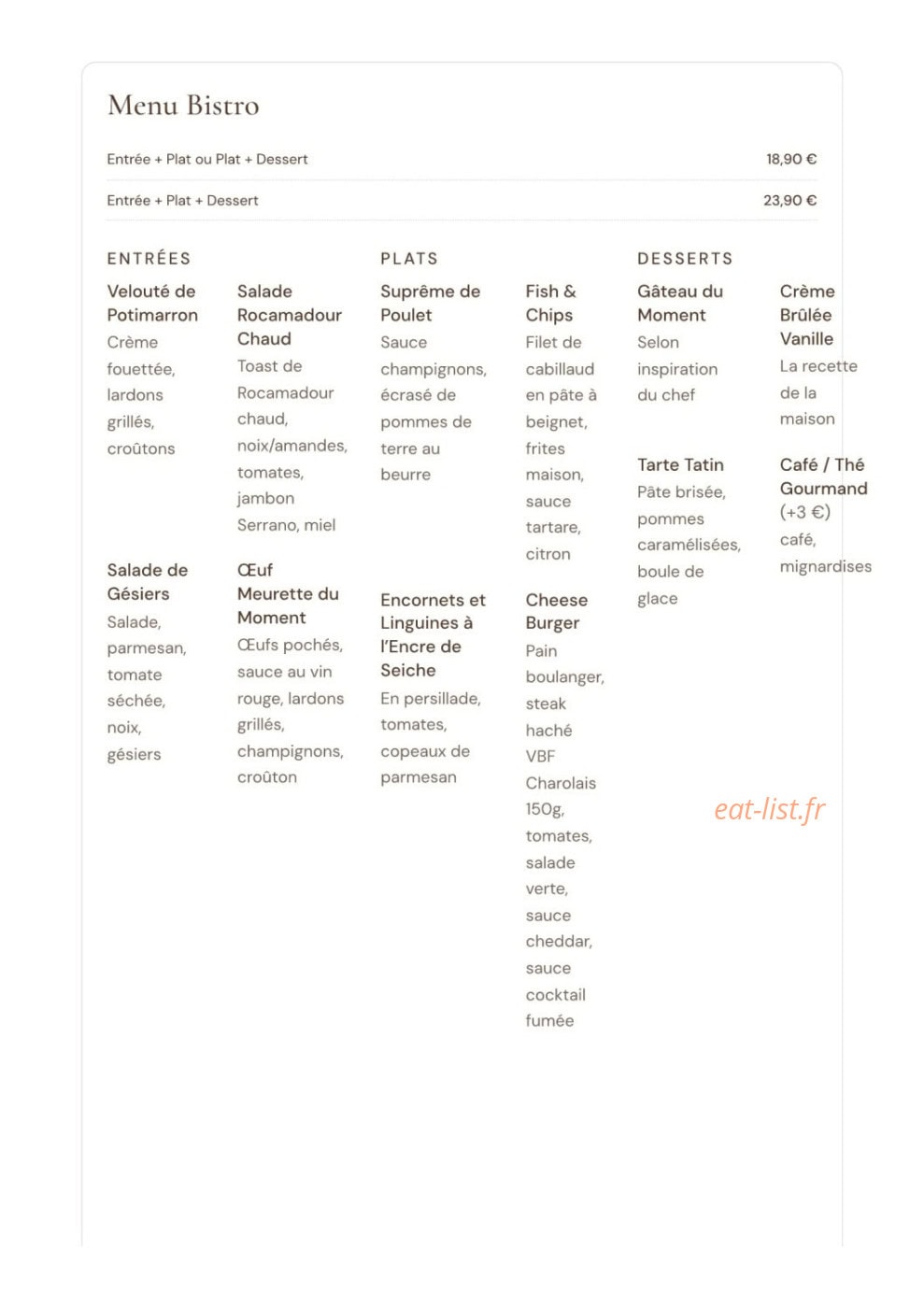 Carte et menu de La Villa Blanche à La Rochelle — Menu Bistro du midi