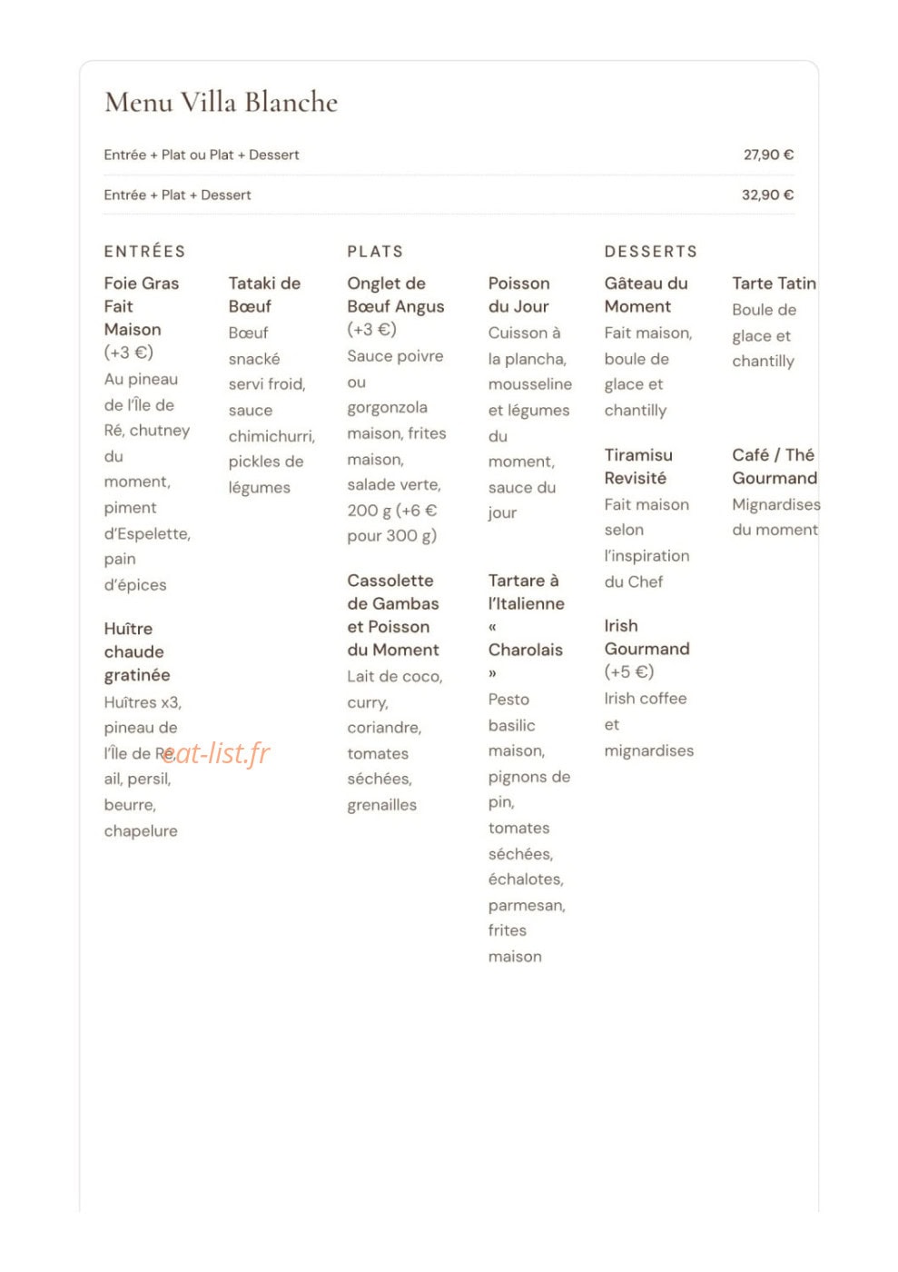 Carte et menu de La Villa Blanche à La Rochelle — Menu Villa Blanche du soir et du week-end