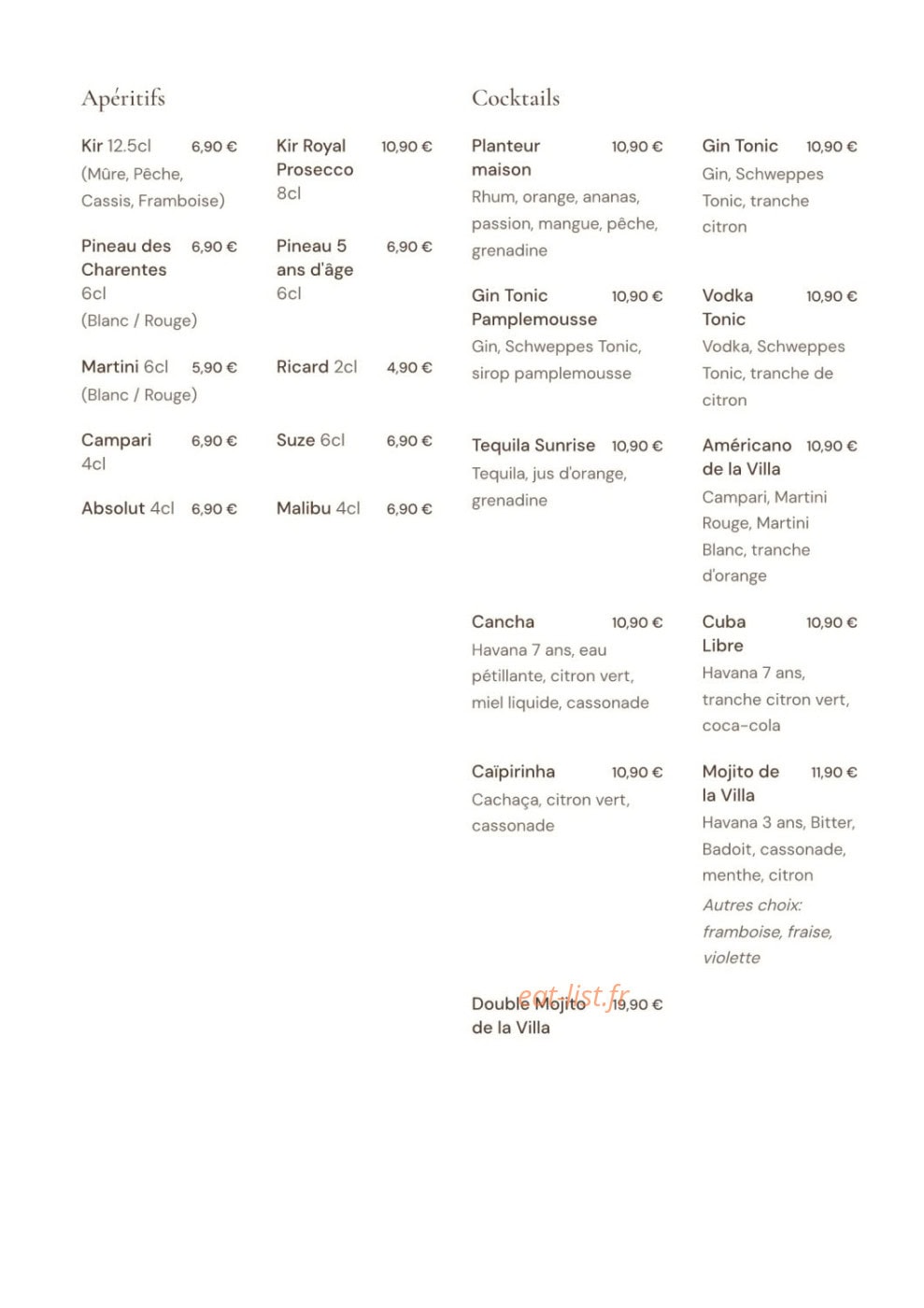 Carte et menu de La Villa Blanche à La Rochelle — Les apéritifs et cocktails