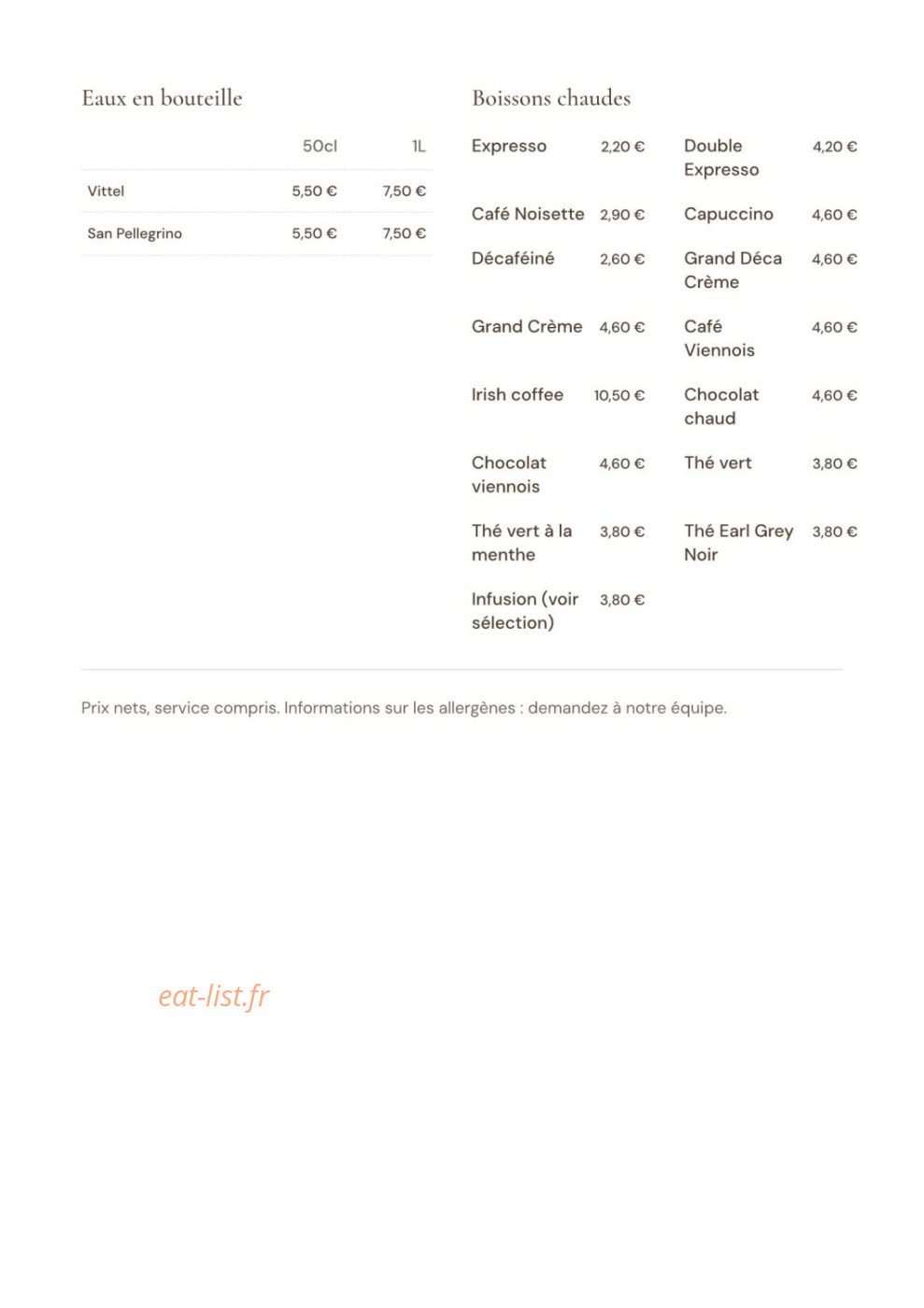 Carte et menu de La Villa Blanche à La Rochelle — Les eaux et boissons chaudes