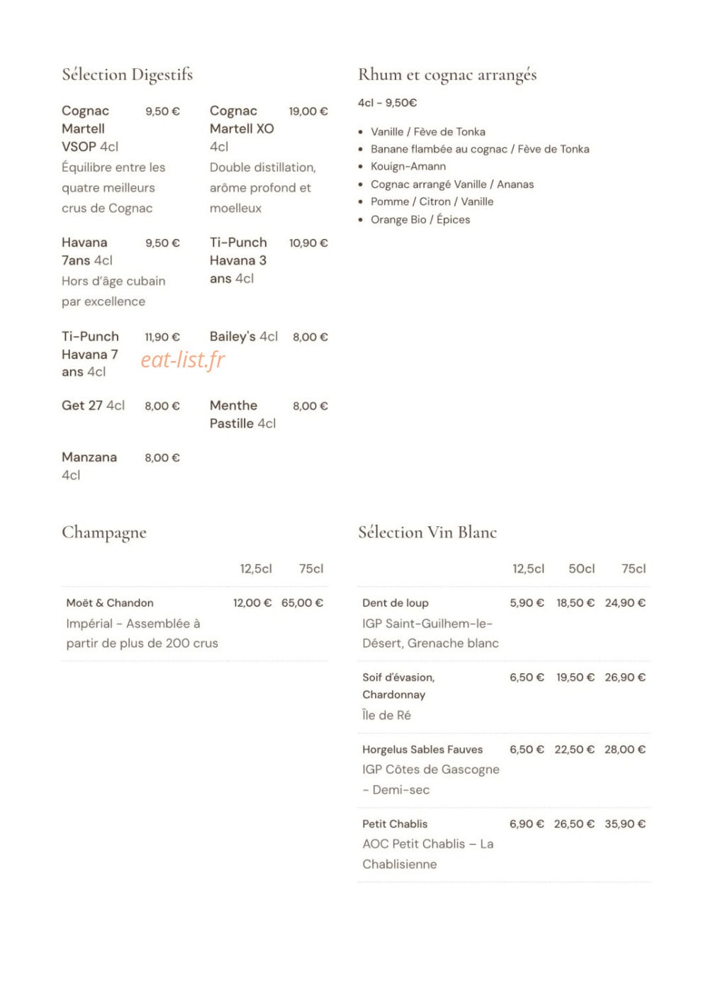 Carte et menu de La Villa Blanche à La Rochelle — Les digestifs