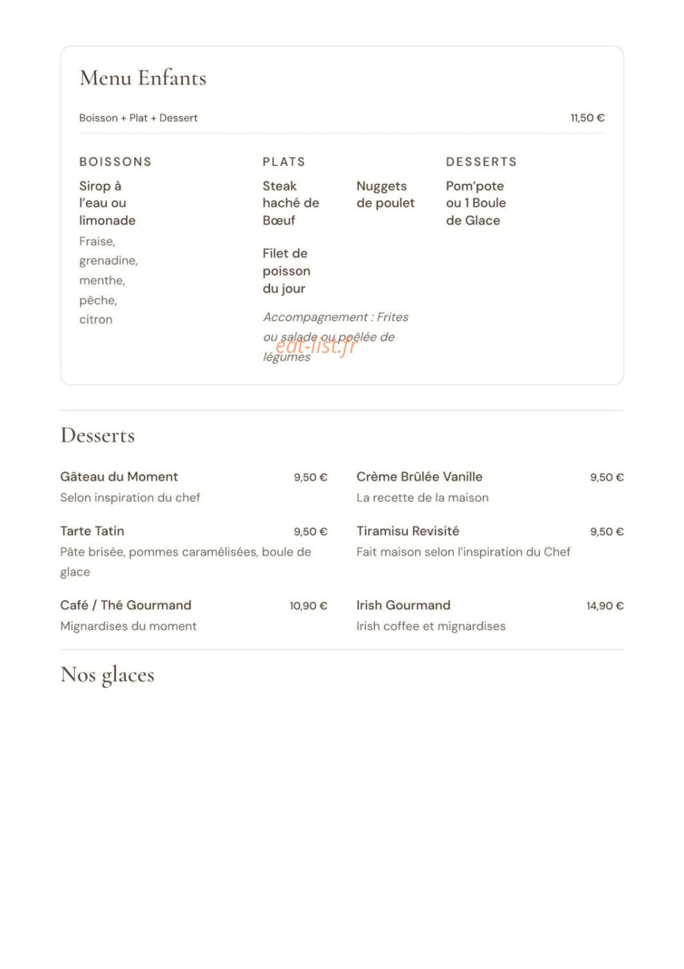 Carte et menu de La Villa Blanche à La Rochelle — Menu enfants et desserts
