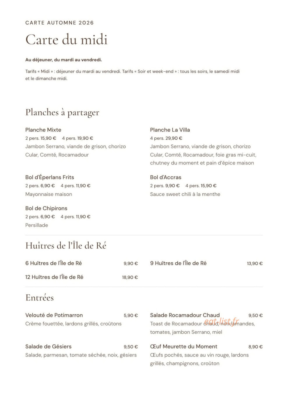 Carte et menu de La Villa Blanche à La Rochelle — Carte du midi : planches, huîtres et entrées