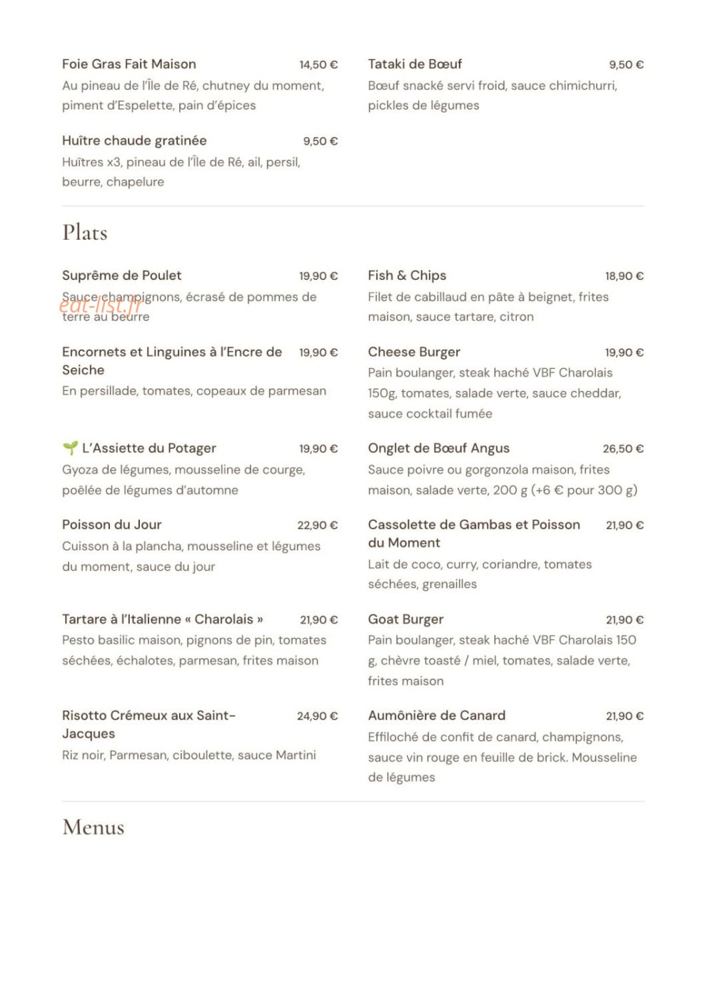 Carte et menu de La Villa Blanche à La Rochelle — Carte du soir et du week-end : plats