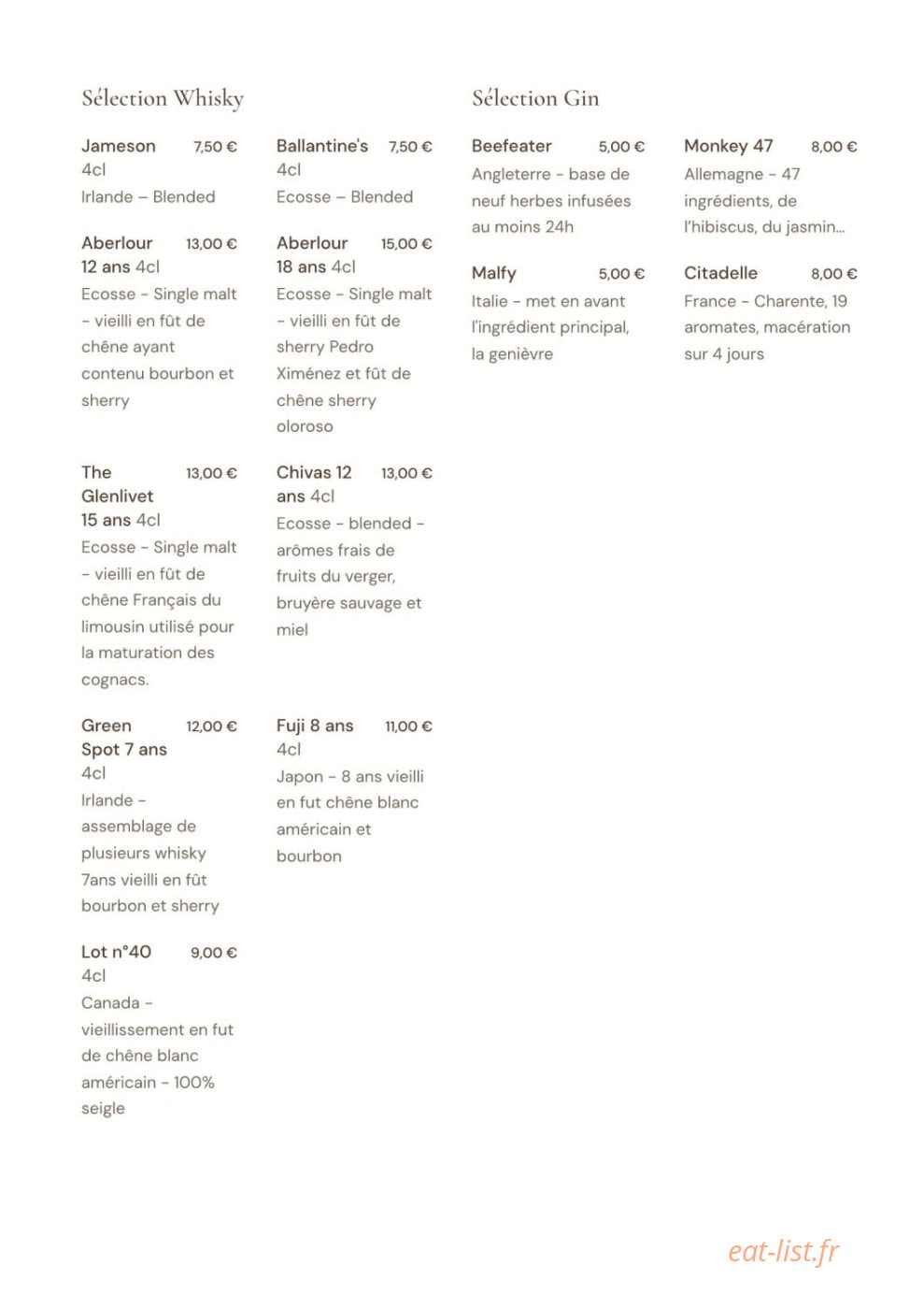 Carte et menu de La Villa Blanche à La Rochelle — Les whiskies