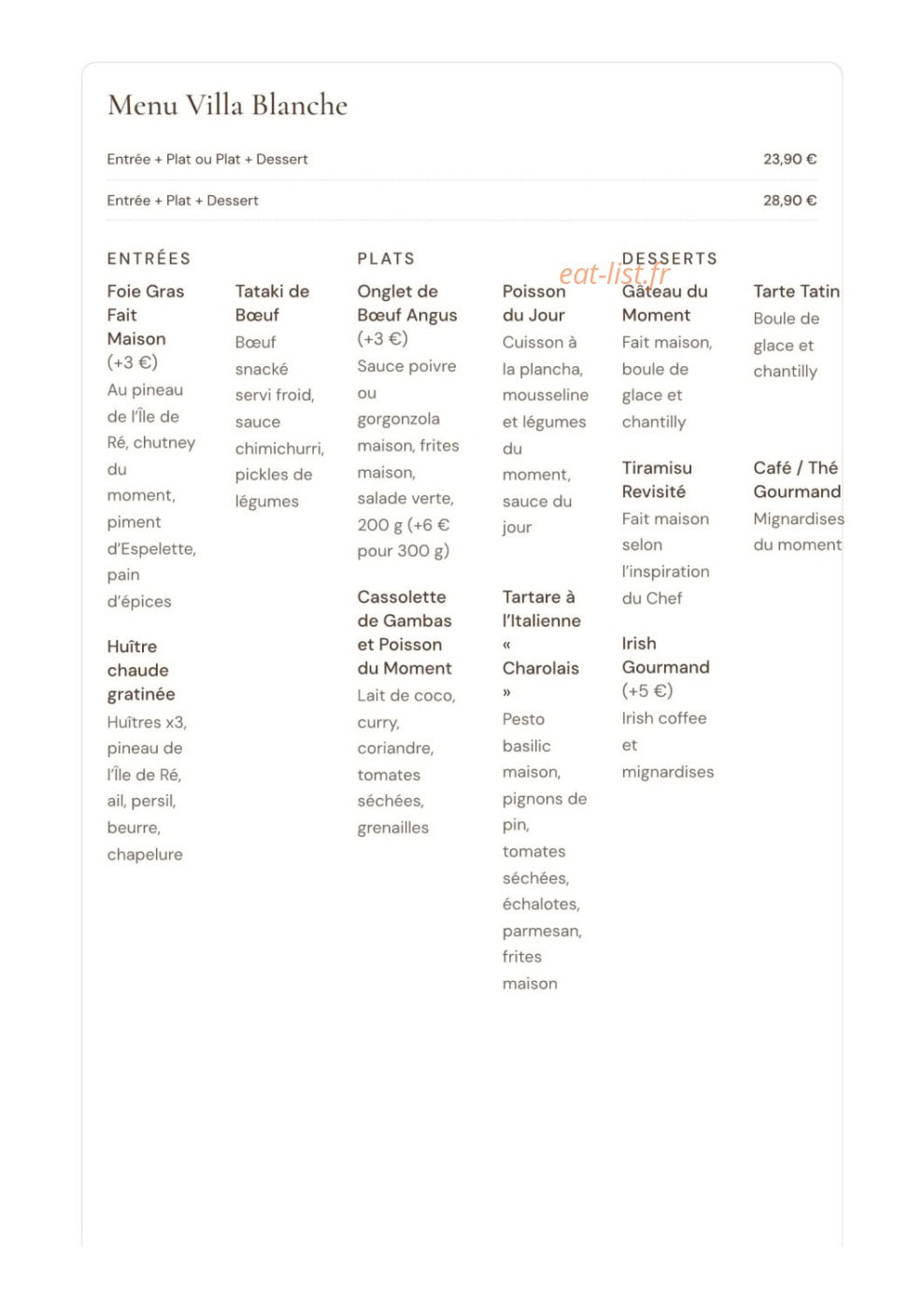 Carte et menu de La Villa Blanche à La Rochelle — Menu Villa Blanche du midi