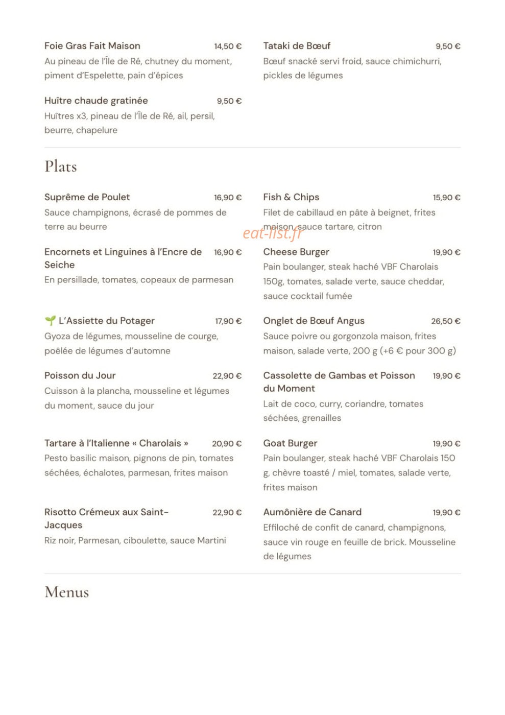 Carte et menu de La Villa Blanche à La Rochelle — Carte du midi : plats
