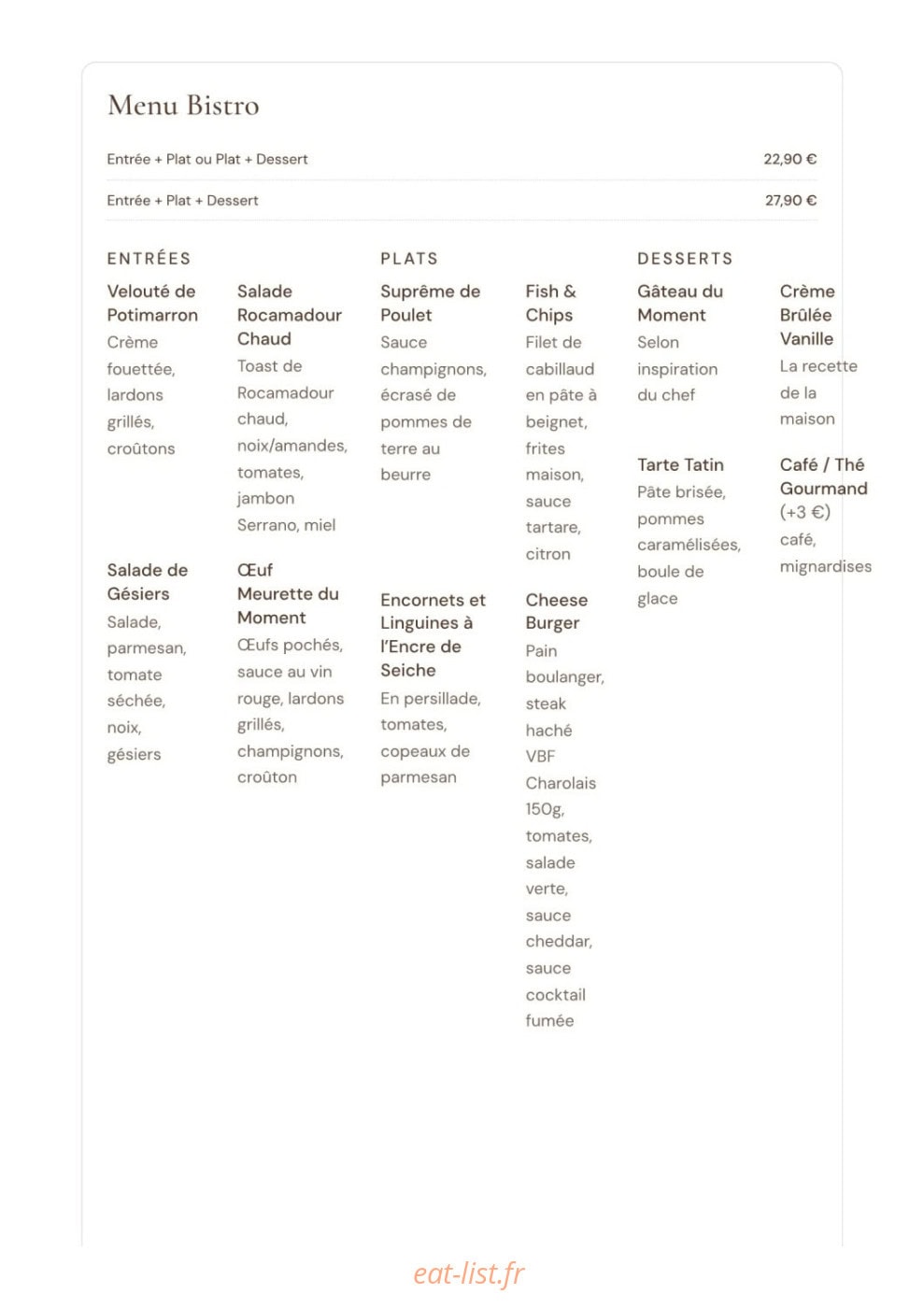 Carte et menu de La Villa Blanche à La Rochelle — Menu Bistro du soir et du week-end