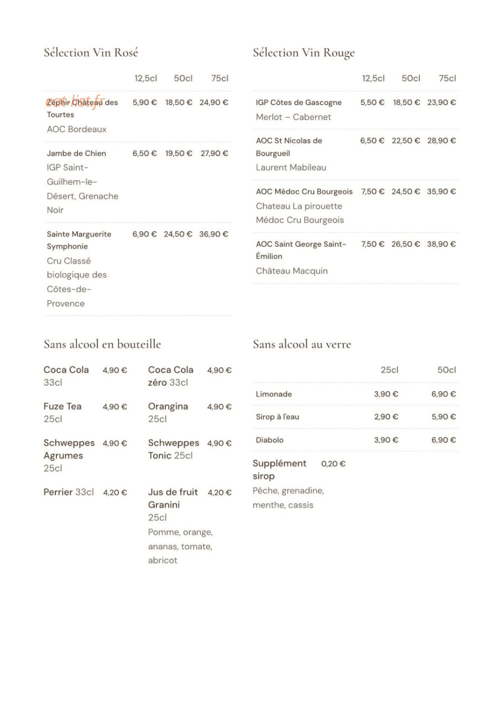 Carte et menu de La Villa Blanche à La Rochelle — Les vins