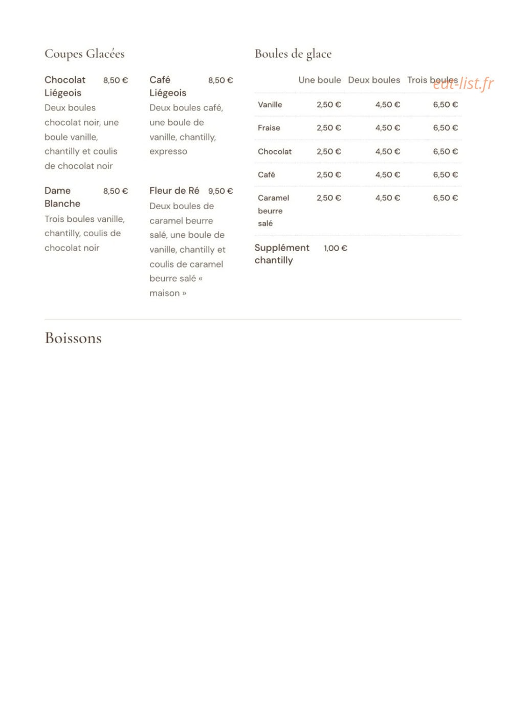 Carte et menu de La Villa Blanche à La Rochelle — Les coupes glacées