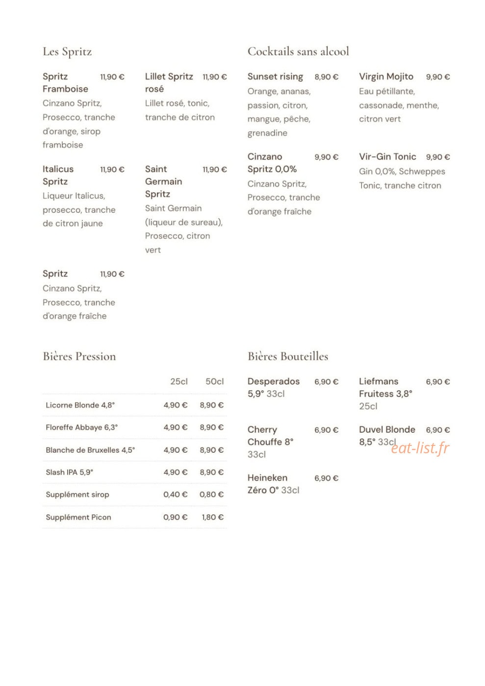 Carte et menu de La Villa Blanche à La Rochelle — Les spritz et cocktails
