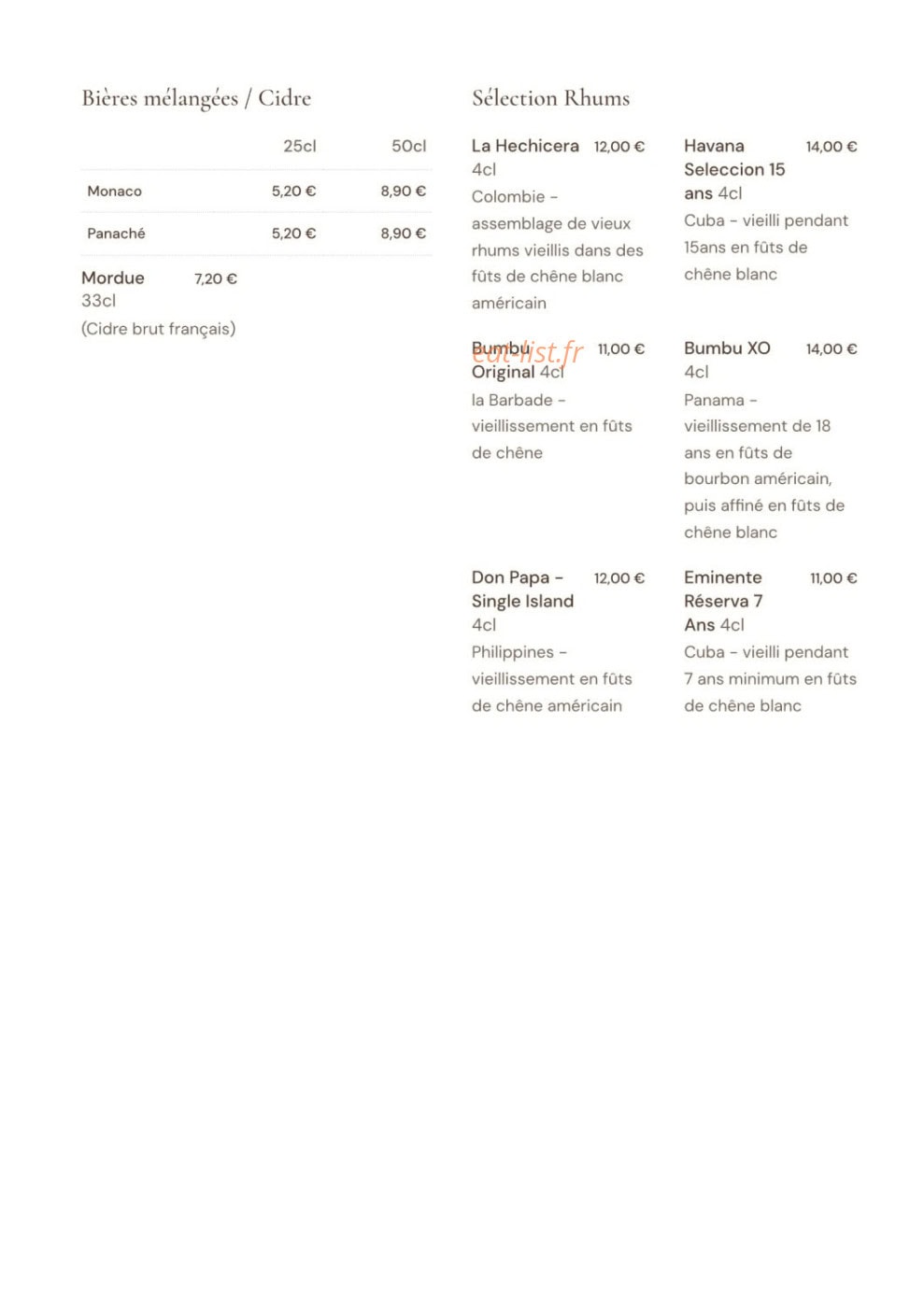 Carte et menu de La Villa Blanche à La Rochelle — Les bières et cidres