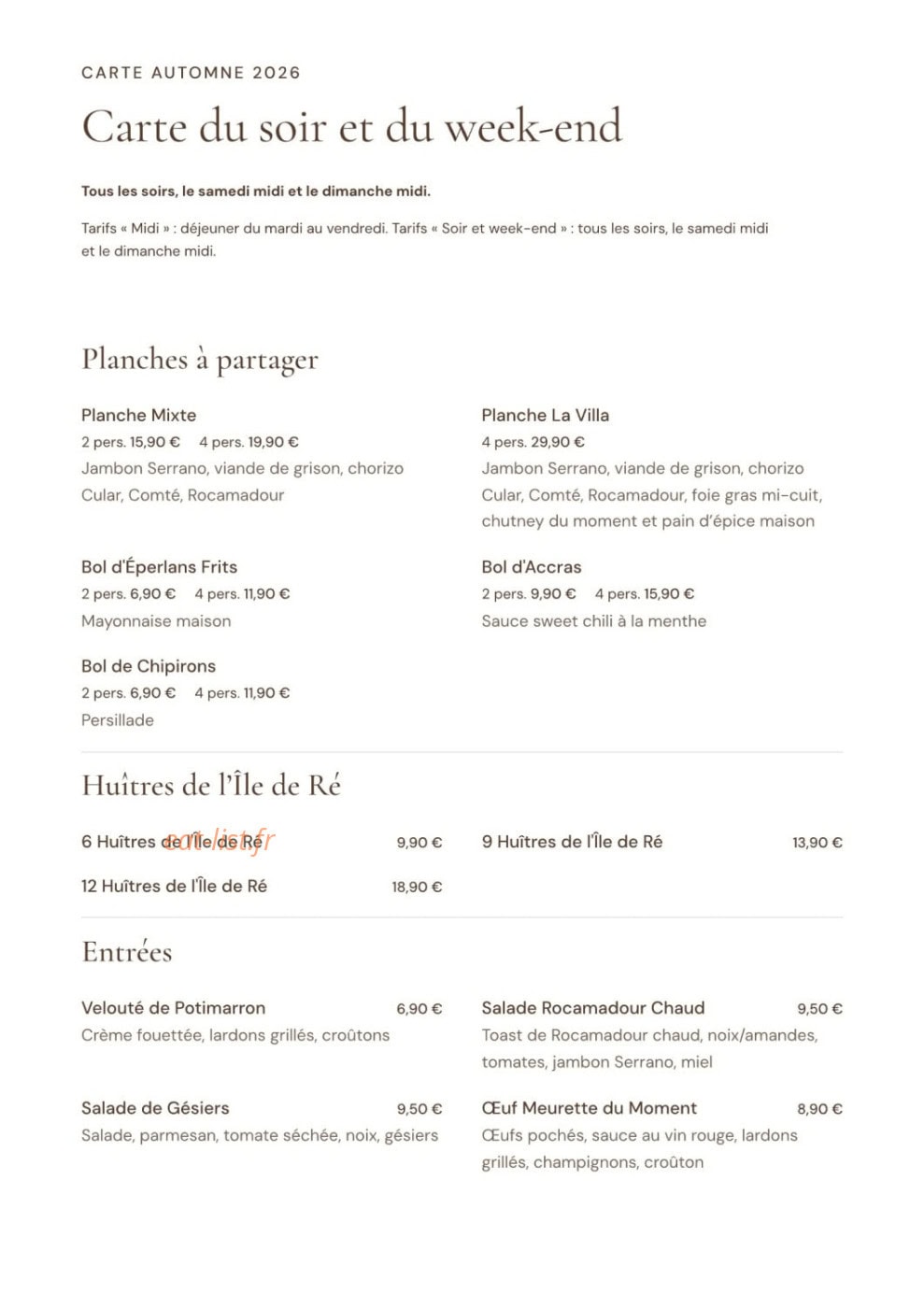 Carte et menu de La Villa Blanche à La Rochelle — Carte du soir et du week-end : planches, huîtres et entrées