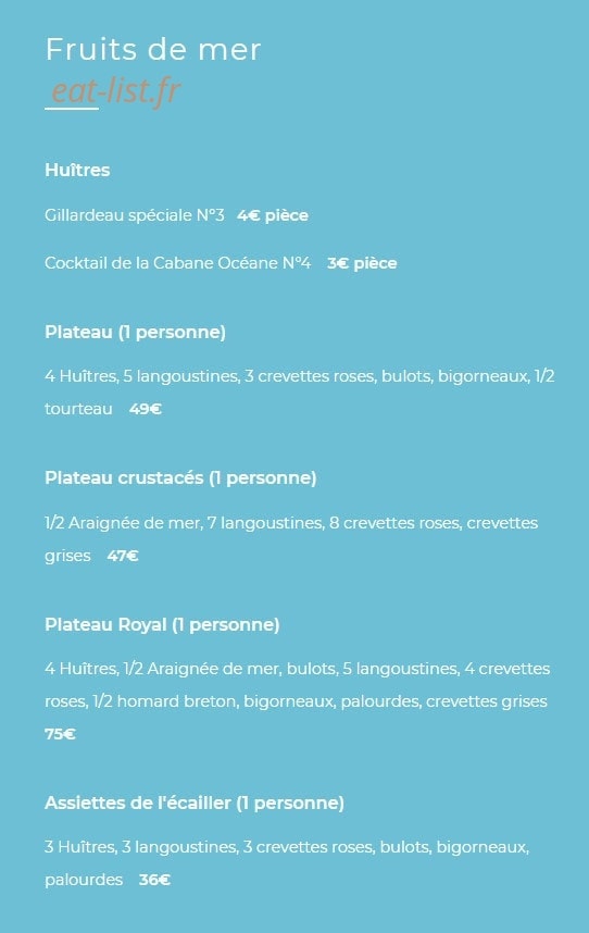 Carte et menu de La Yole de Chris à La Rochelle — Les fruits de mer
