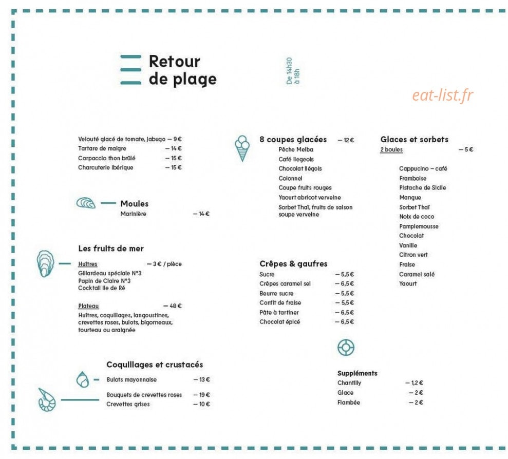 Carte et menu de La Yole de Chris à La Rochelle — La carte de l'après midi retour de plage