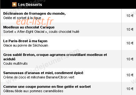Menu Le Comptoir des Voyages - Les desserts