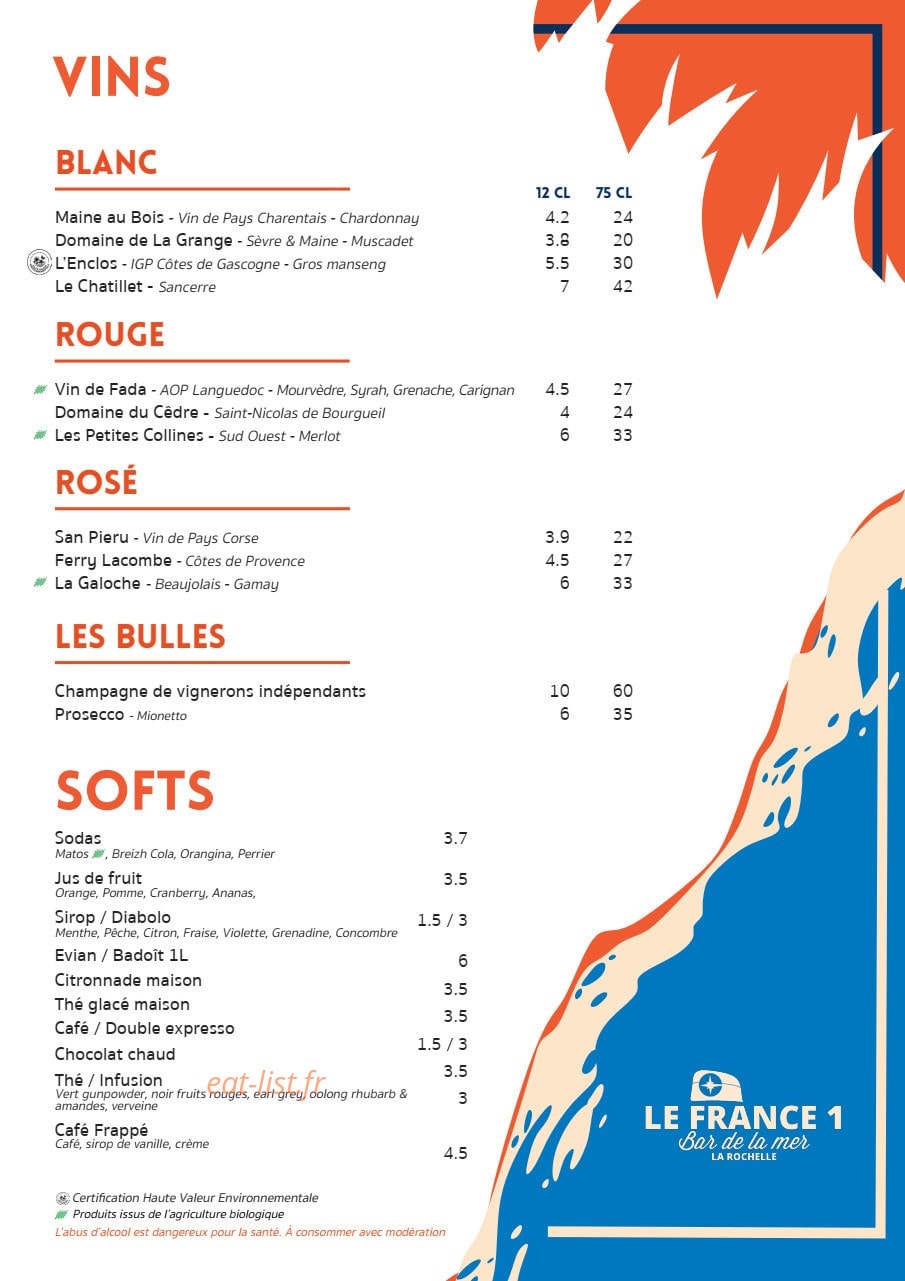 Carte et menu de Le France 1 à La Rochelle — Les vins