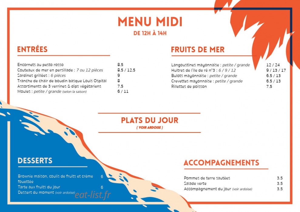 Carte et menu de Le France 1 à La Rochelle — Les menu midi