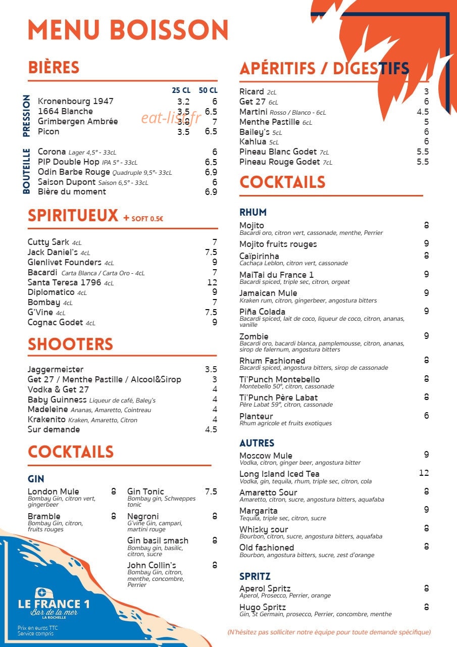 Carte et menu de Le France 1 à La Rochelle — Les boissons
